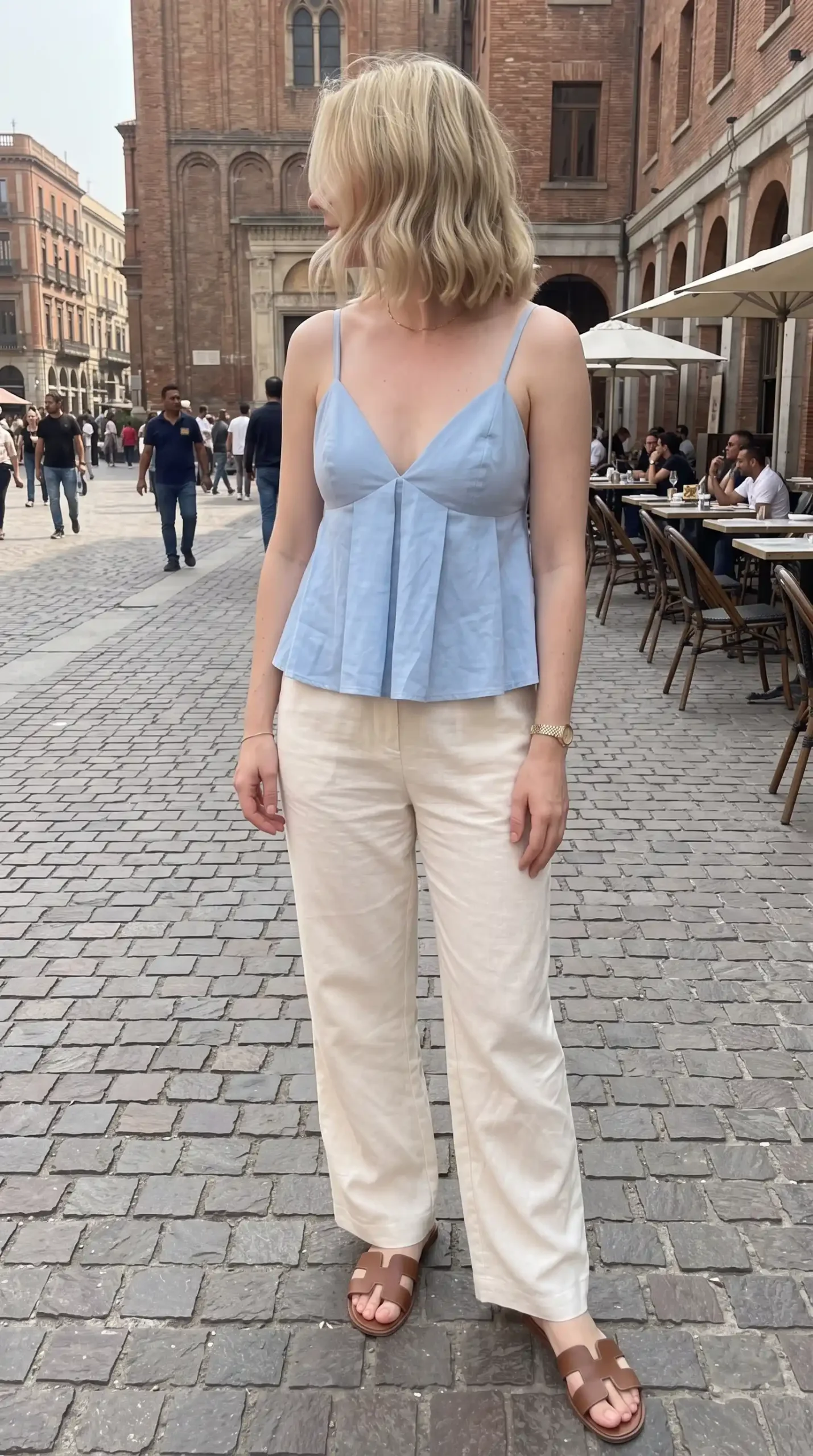 Woman wearing baby blue pleated cami top with cream wide leg pants and tan sandals