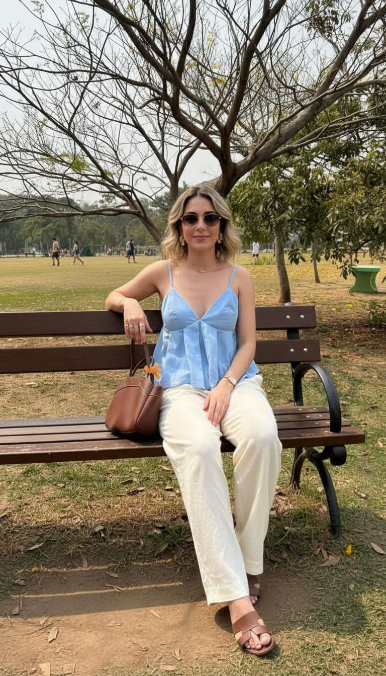 Woman wearing blue tie-front cami top with white wide-leg pants sitting on park bench