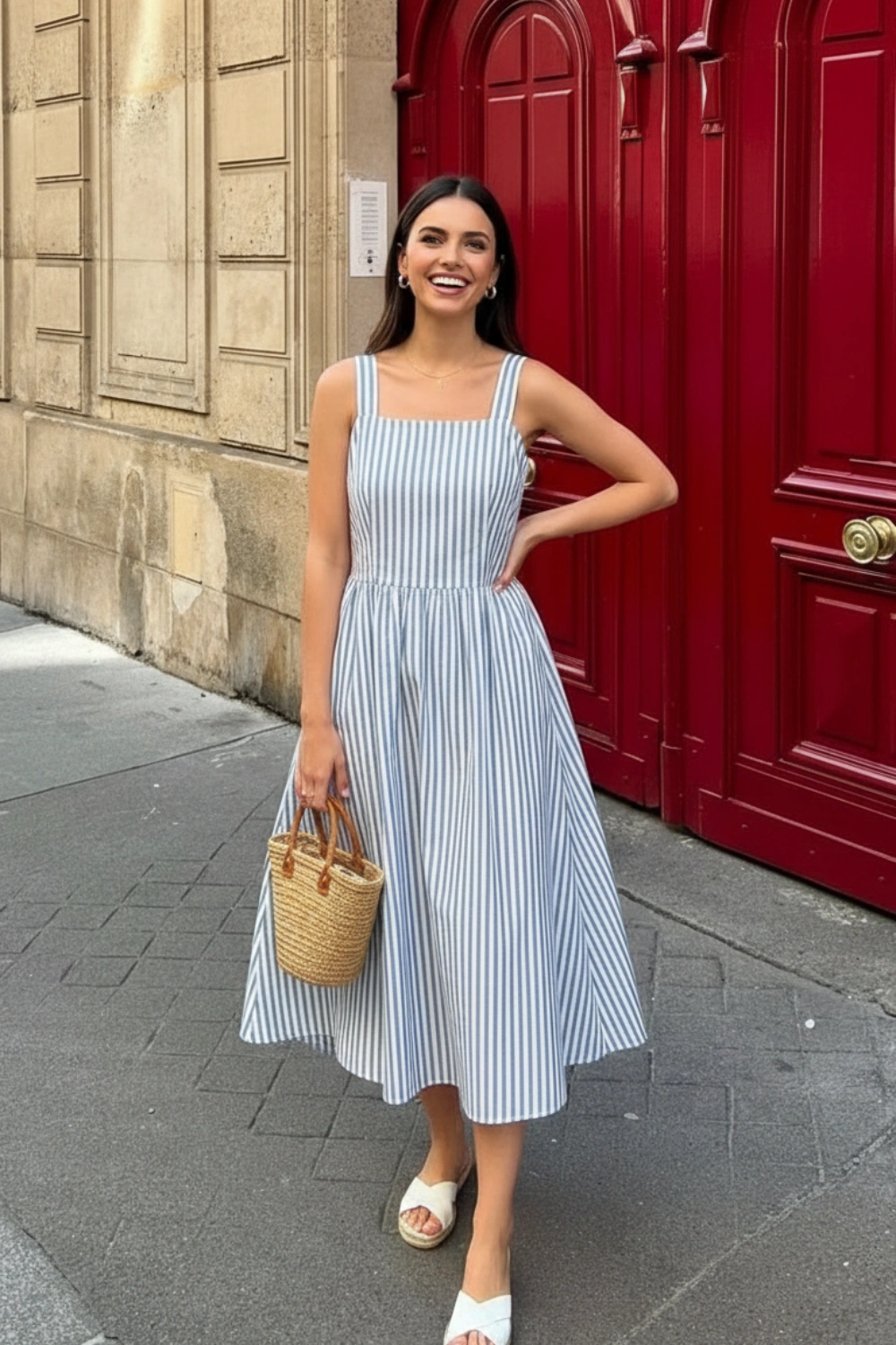 spring-outfit-blue-white-striped-dress