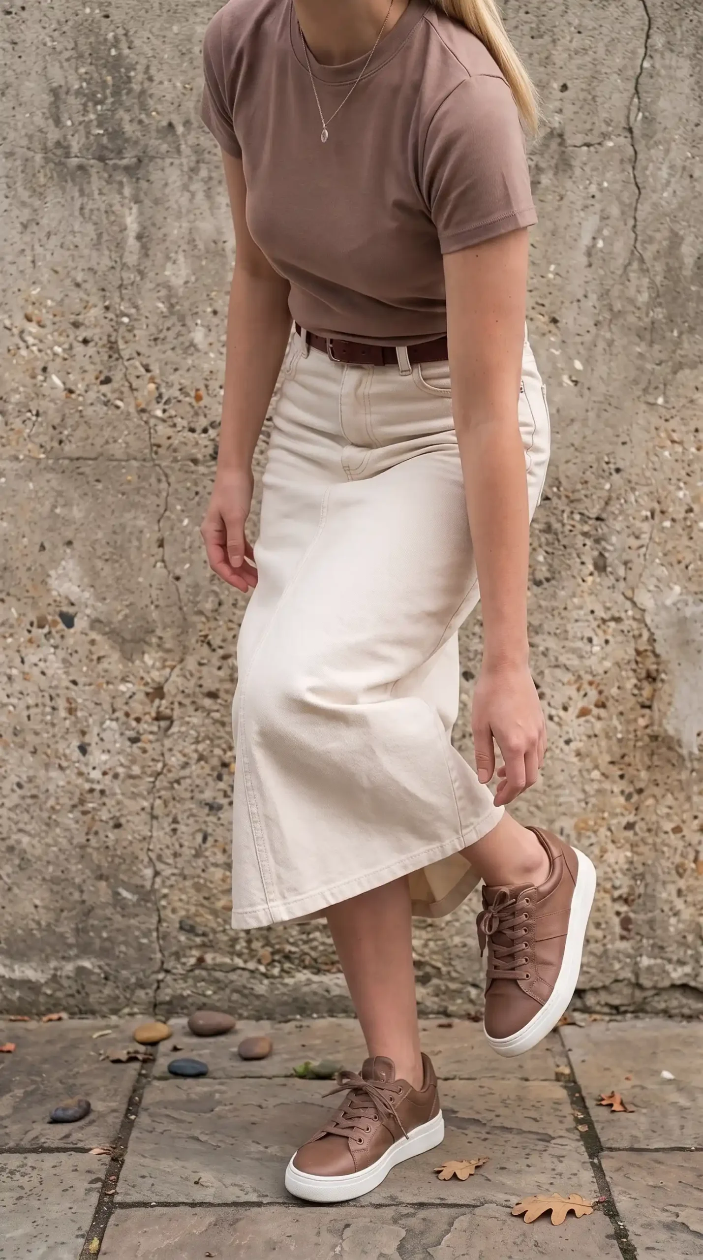 Woman wearing a brown top with a white midi skirt, brown sneakers