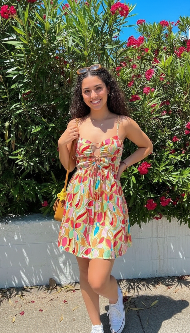 Woman wearing colorful printed mini dress with tie front detail and white sneakers outdoors