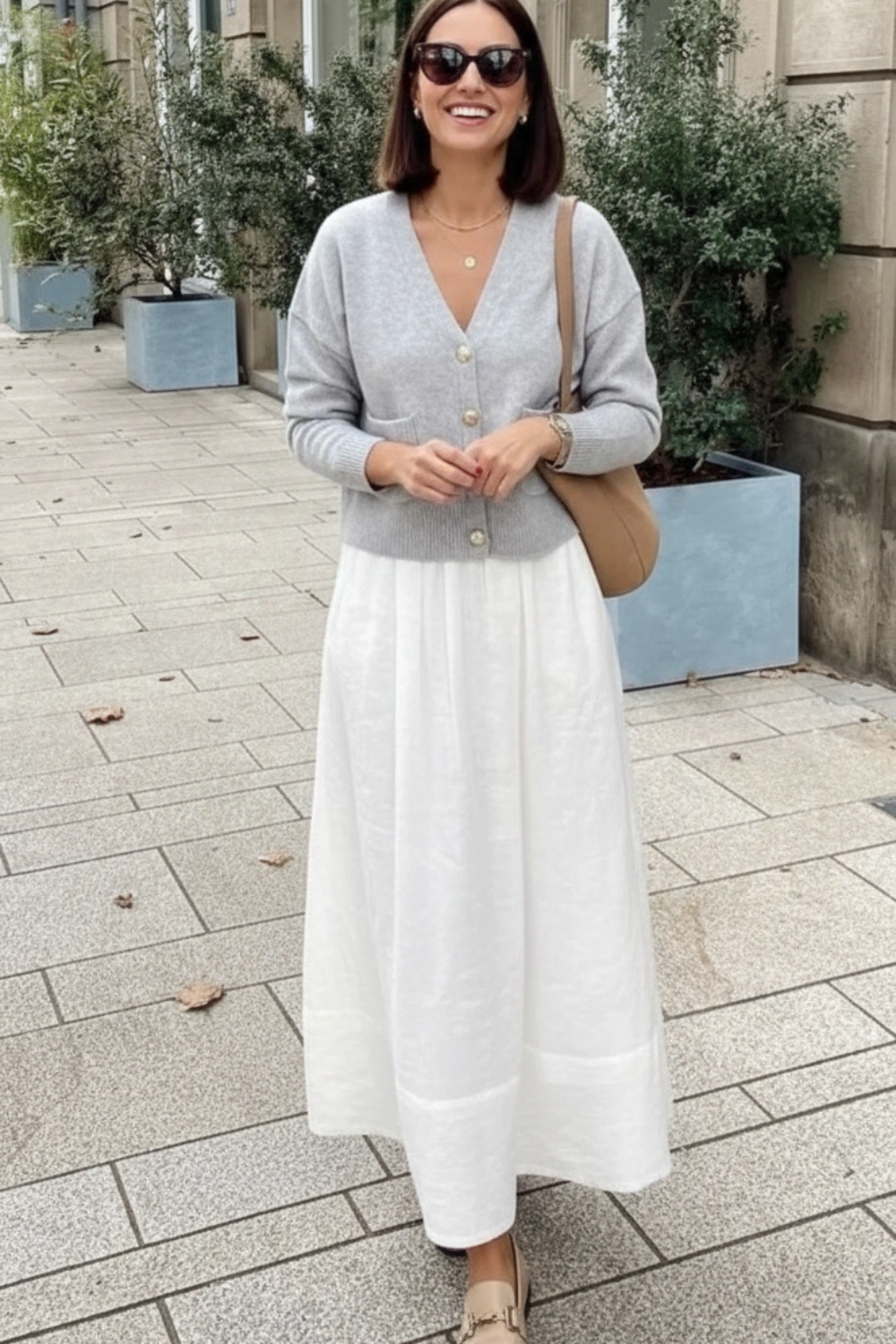 spring-outfit-gray-cardigan-white-skirt-beige-loafers