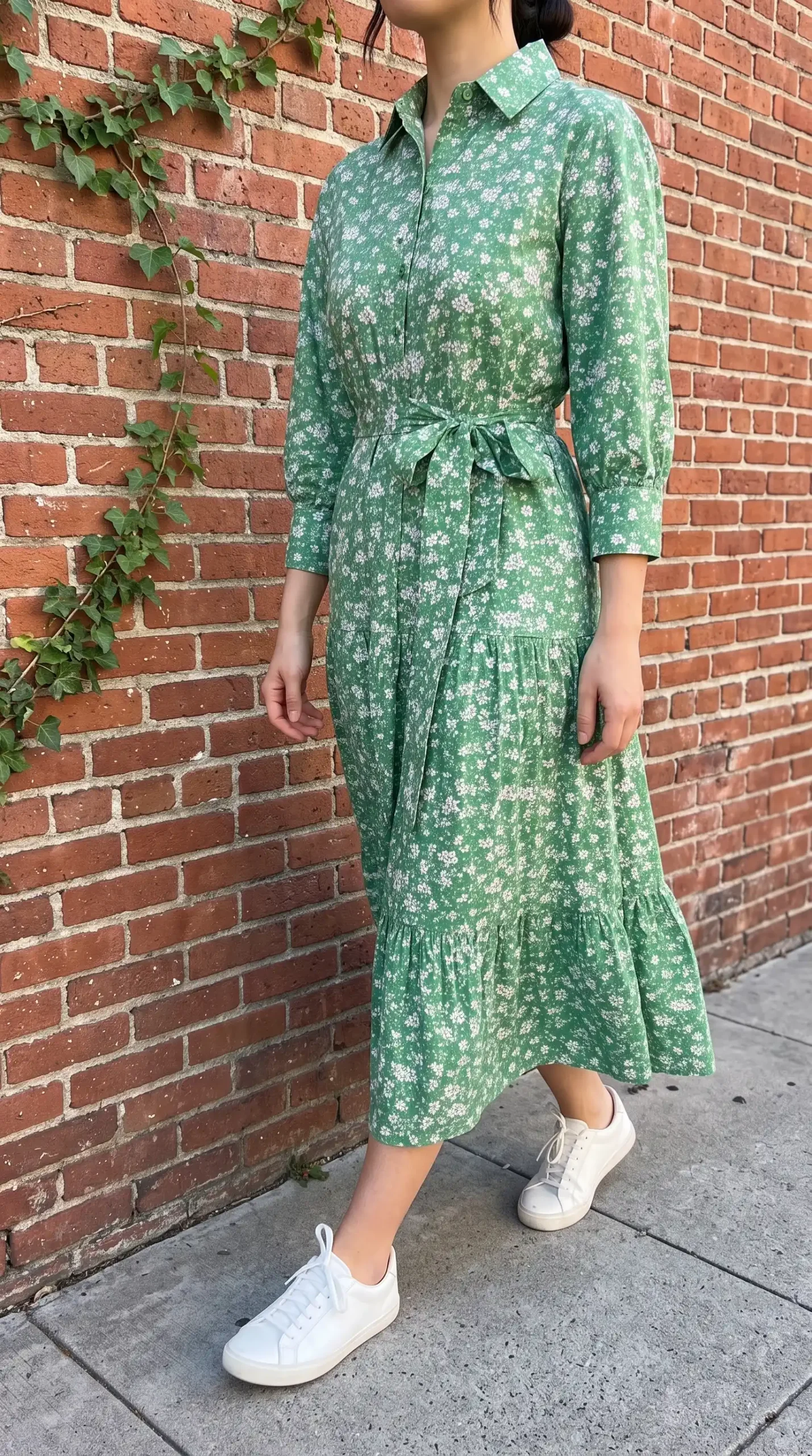 Woman wearing a long-sleeve green floral dress with white sneakers