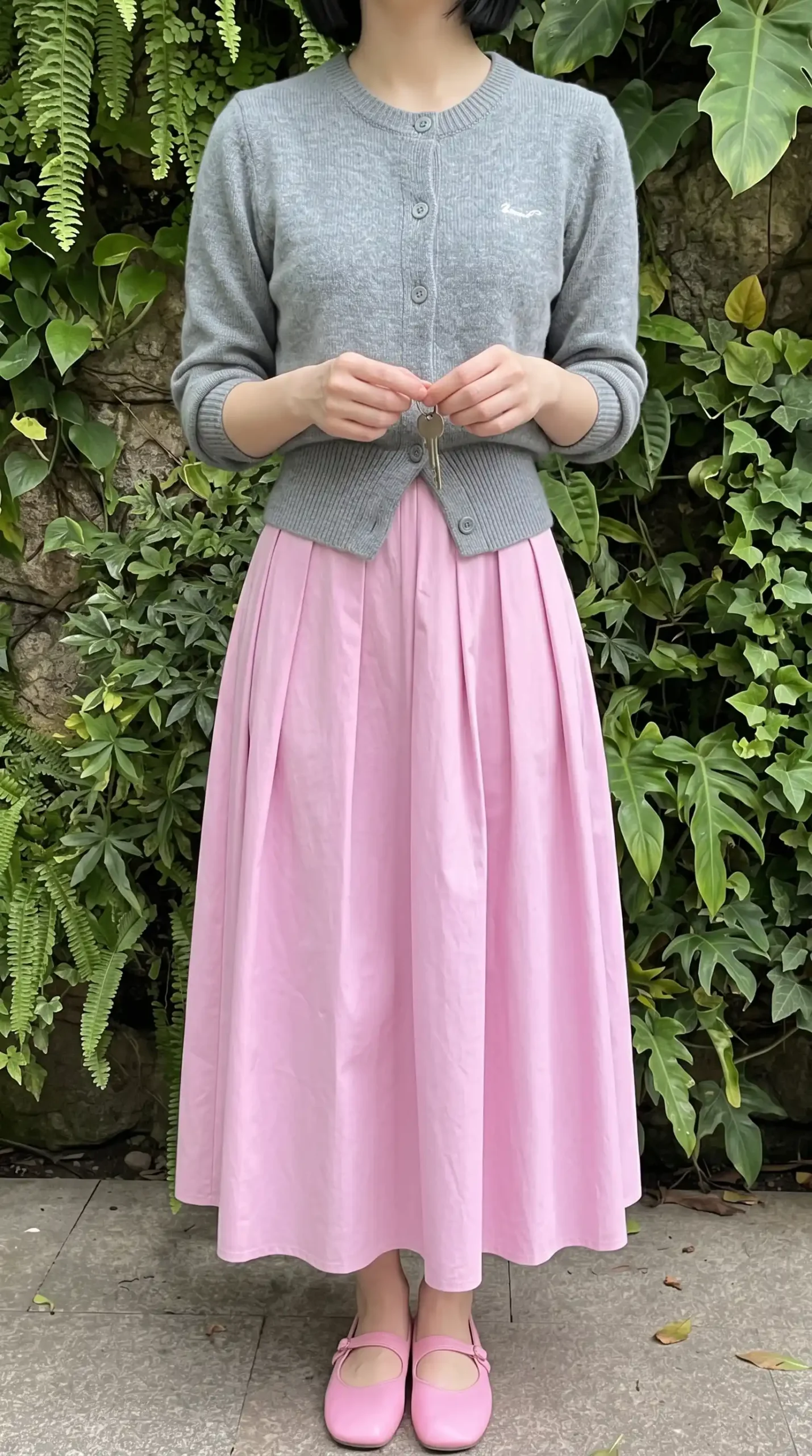 Woman wearing a grey long-sleeved top with a pink skirt, pink shoes, and a pink shoulder bag outdoors