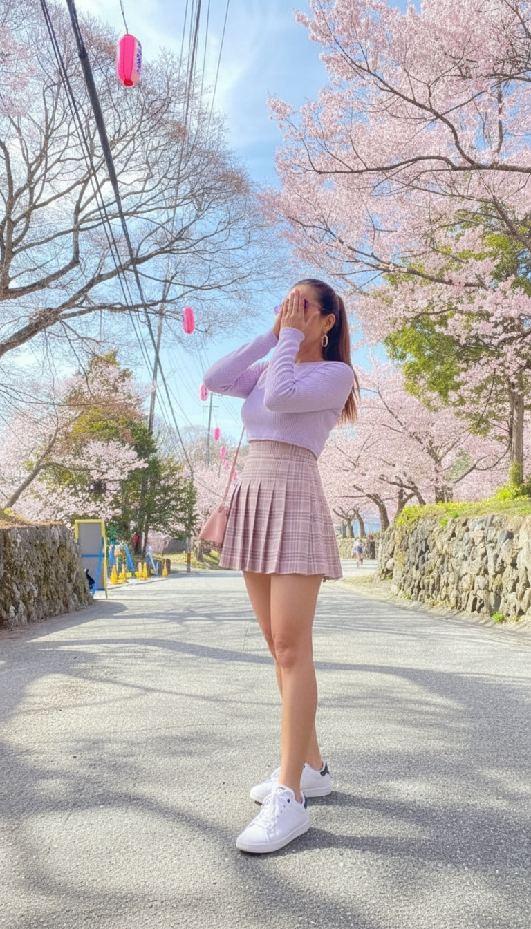 Woman wearing lavender ribbed crop top with pink pleated mini skirt under cherry blossoms