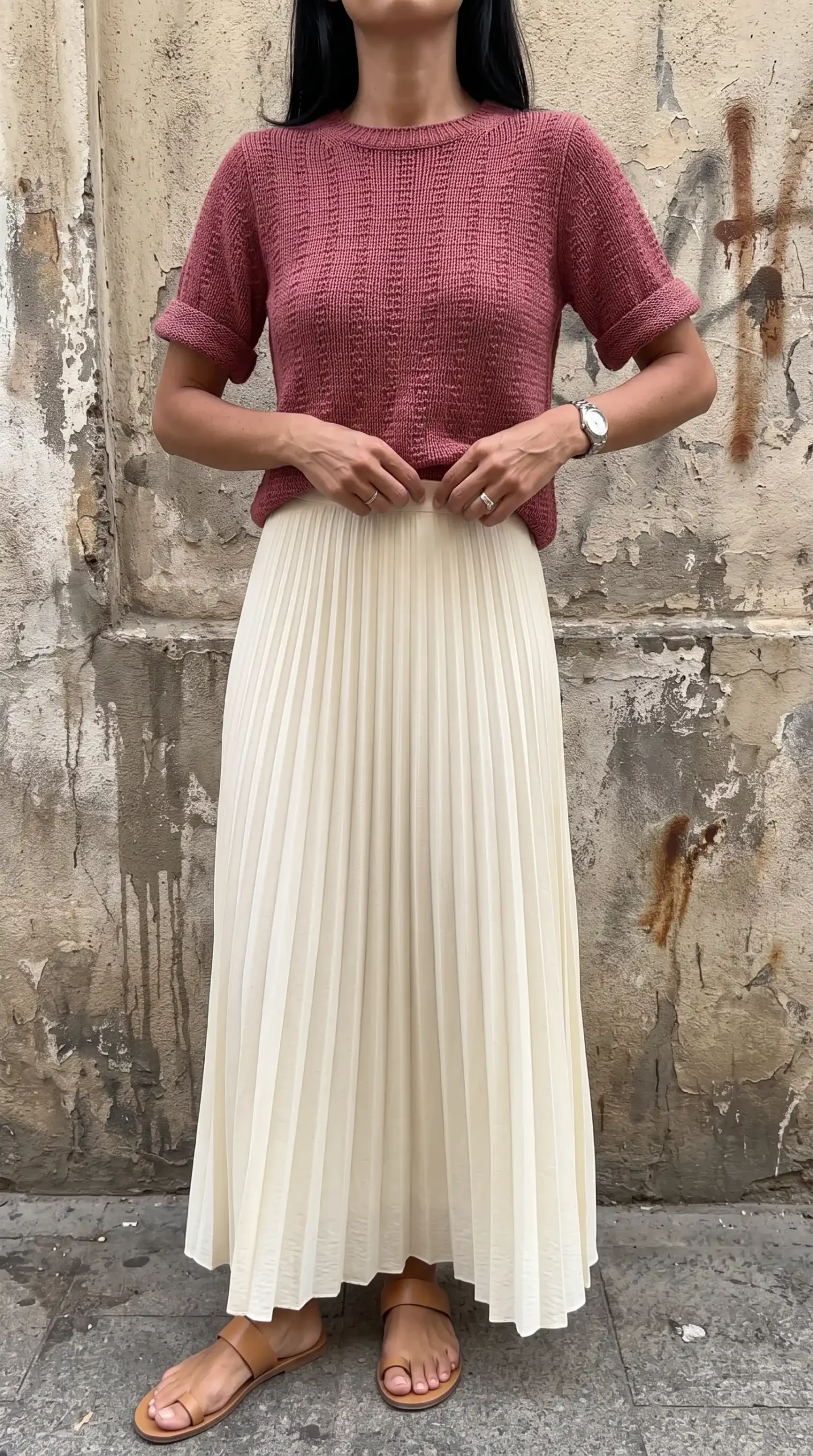 Woman wearing a maroon textured top with a cream pleated skirt, sunglasses, and accessories holding daisies outdoors