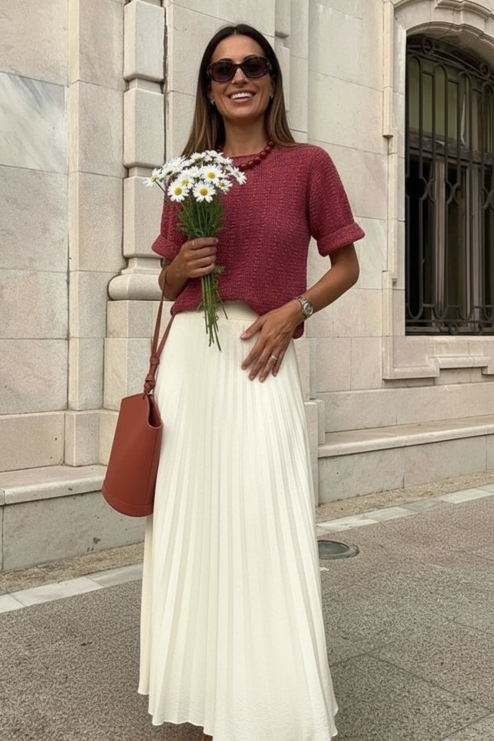spring-outfit-maroon-top-cream-pleated-skirt