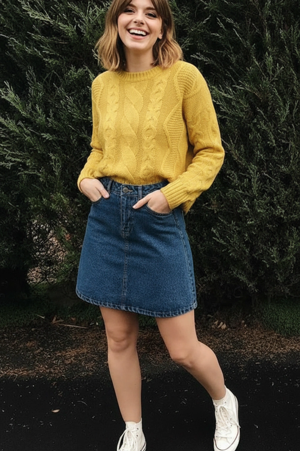 Woman wearing a mustard yellow sweater with a blue denim skirt and white sneakers outdoors