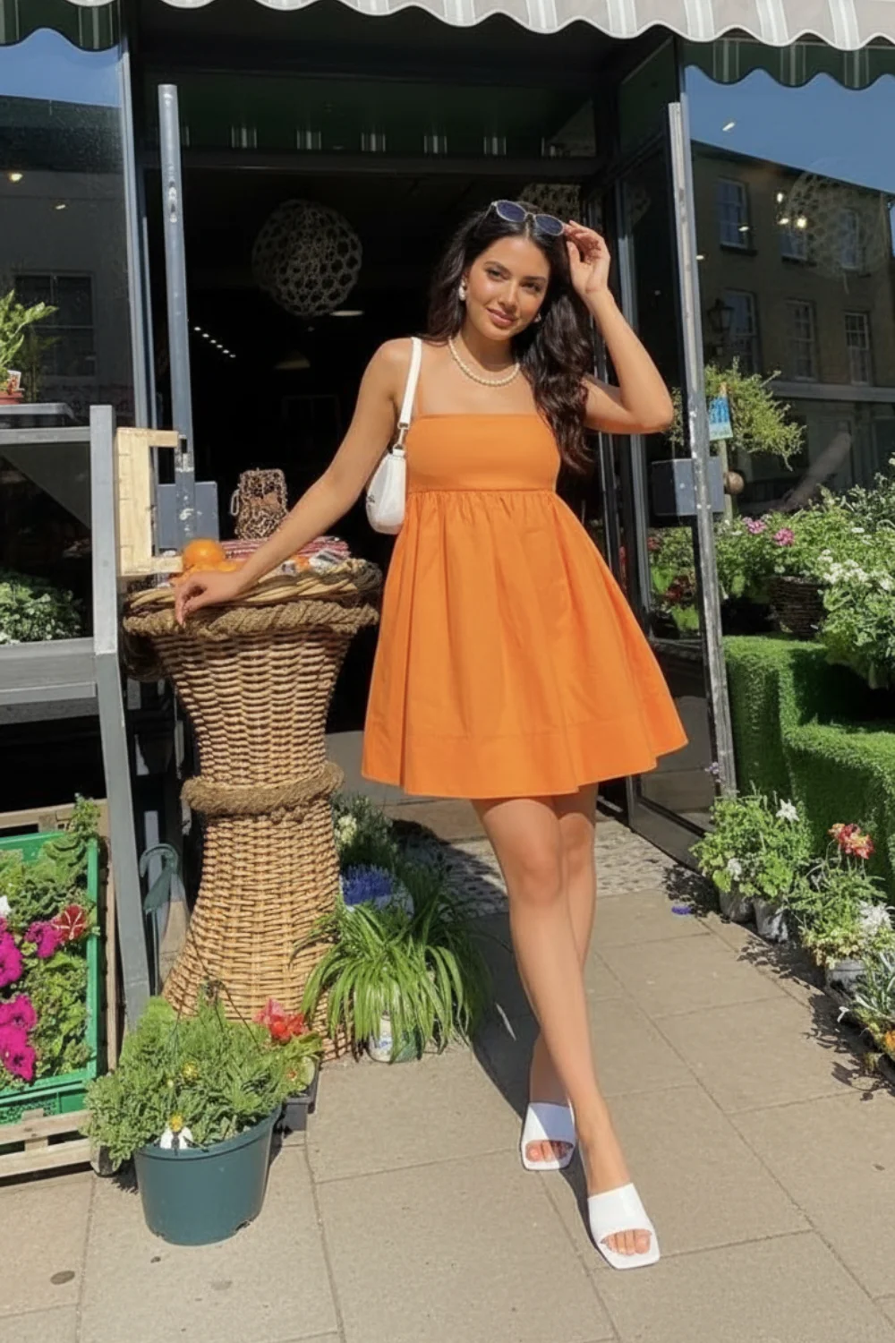 Woman wearing orange babydoll mini dress with square neckline and white sandals