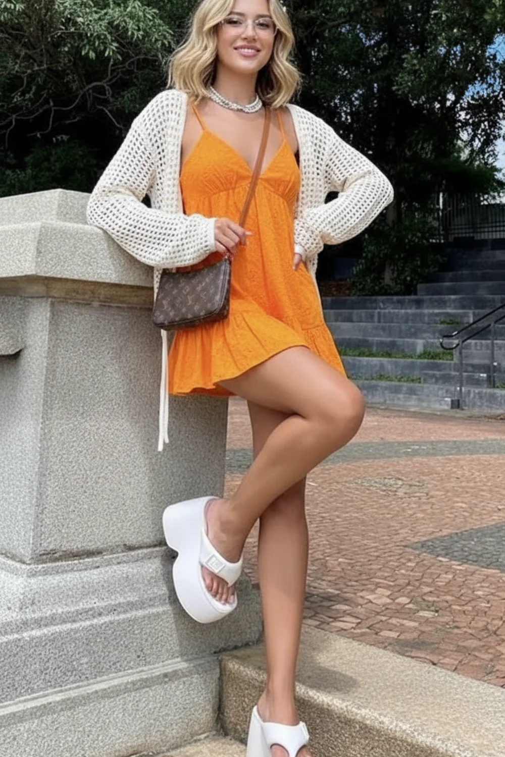 Woman wearing orange textured mini dress with cream crochet cardigan and white platform slides