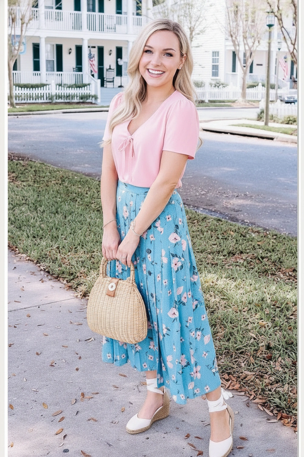 spring-outfit-pink-blouse-blue-floral-skirt.
