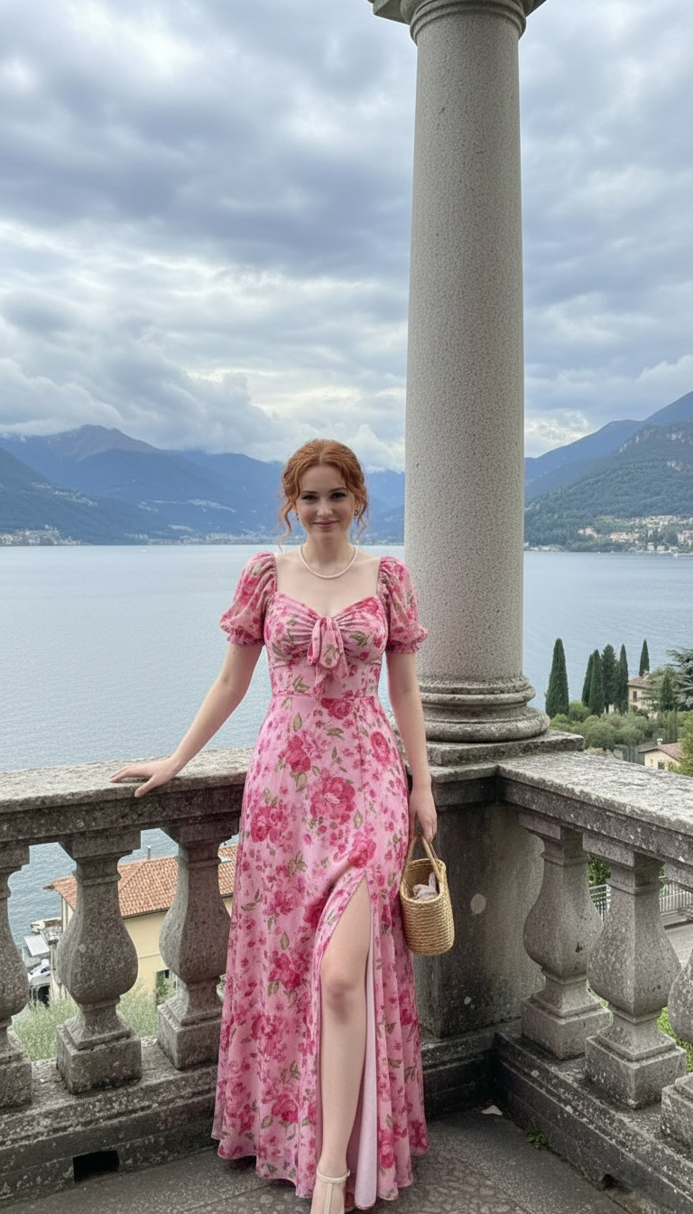 Woman wearing pink floral maxi dress with puff sleeves and woven basket bag by the lake