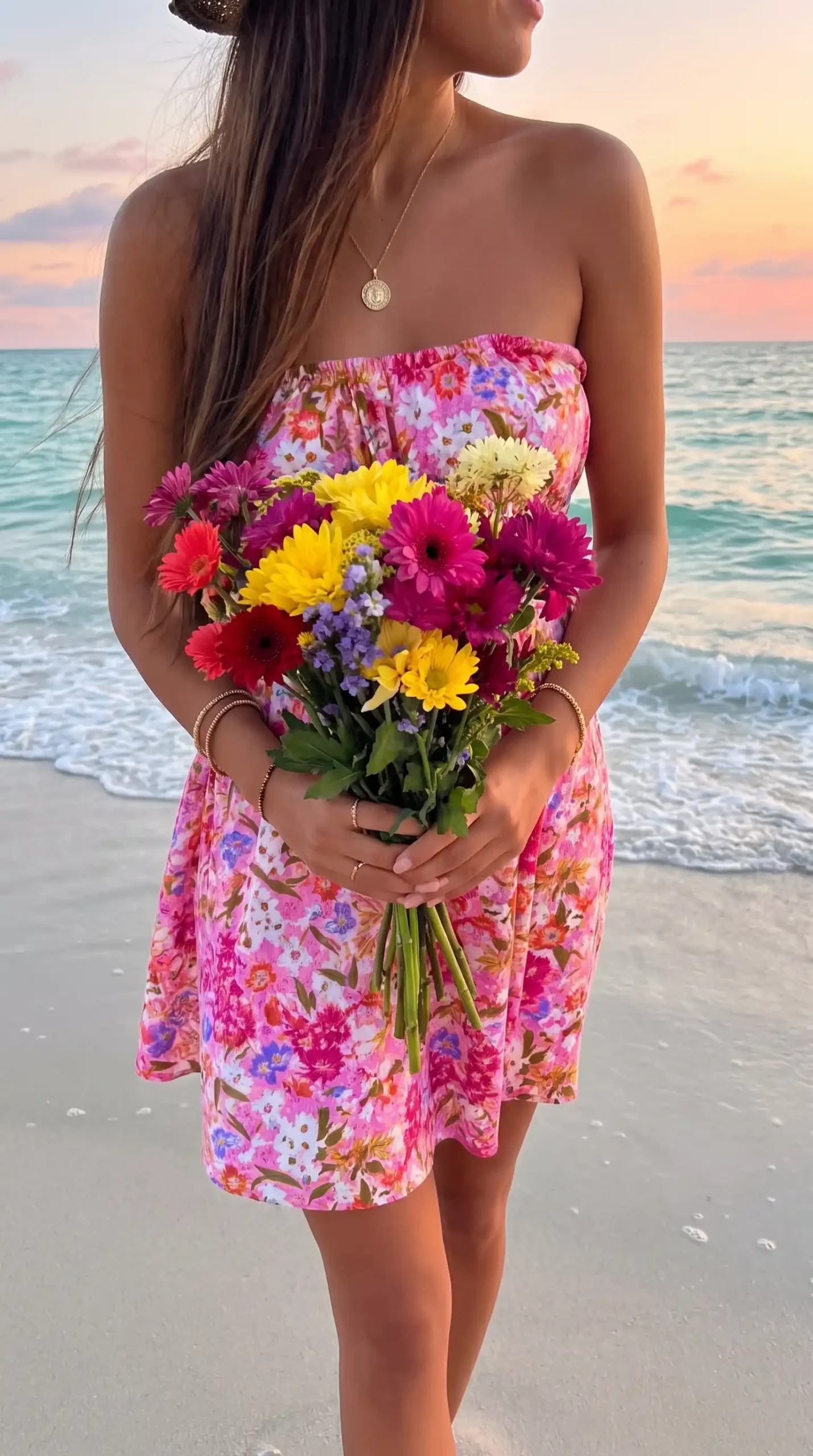 Woman wearing pink multicolor floral strapless mini dress