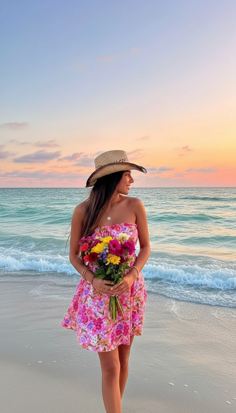 Woman wearing pink floral strapless mini dress at the beach during sunset