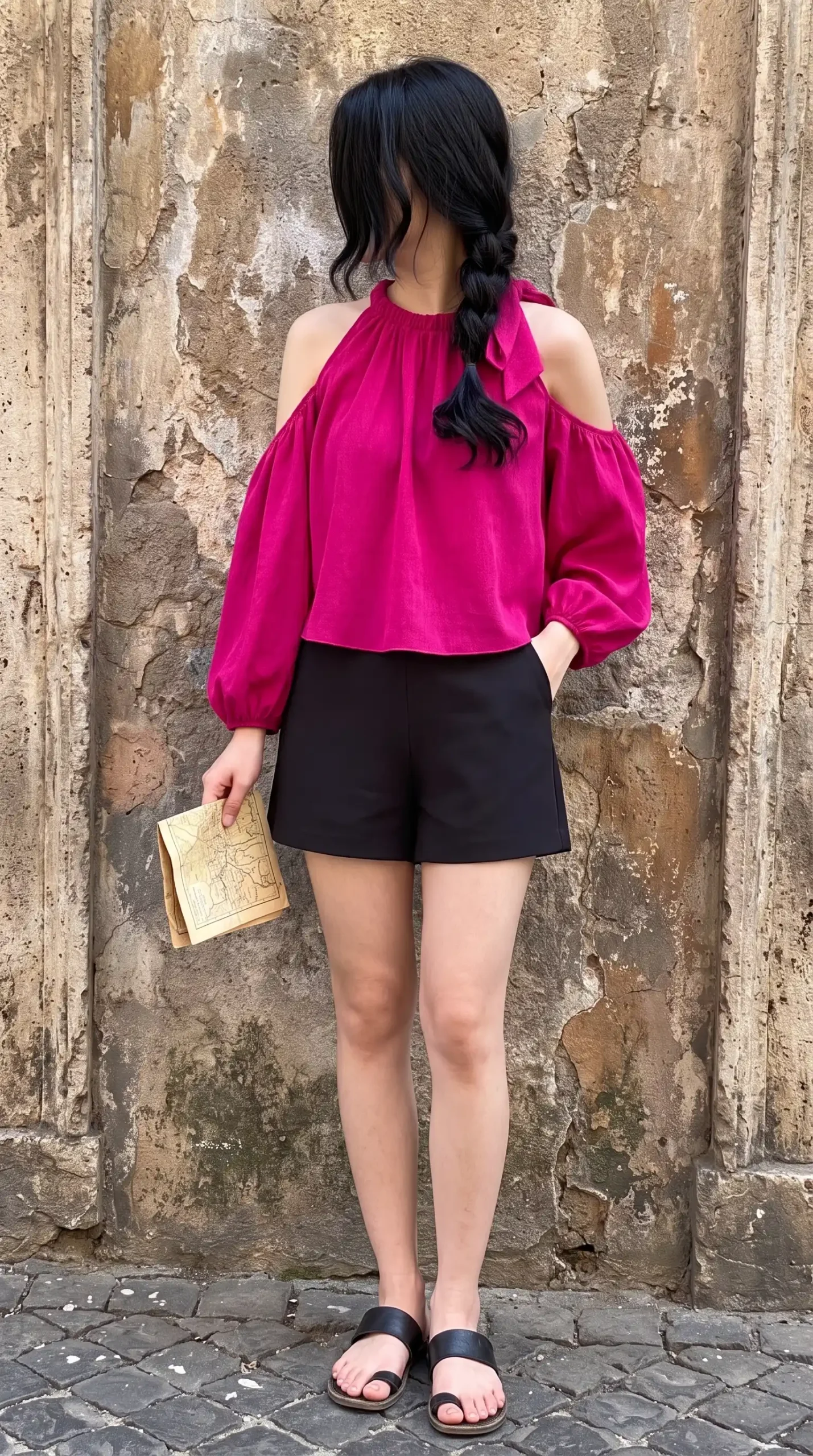 Woman wearing a bright pink off-shoulder top with black shorts and a white crossbody bag outdoors near flowering vines