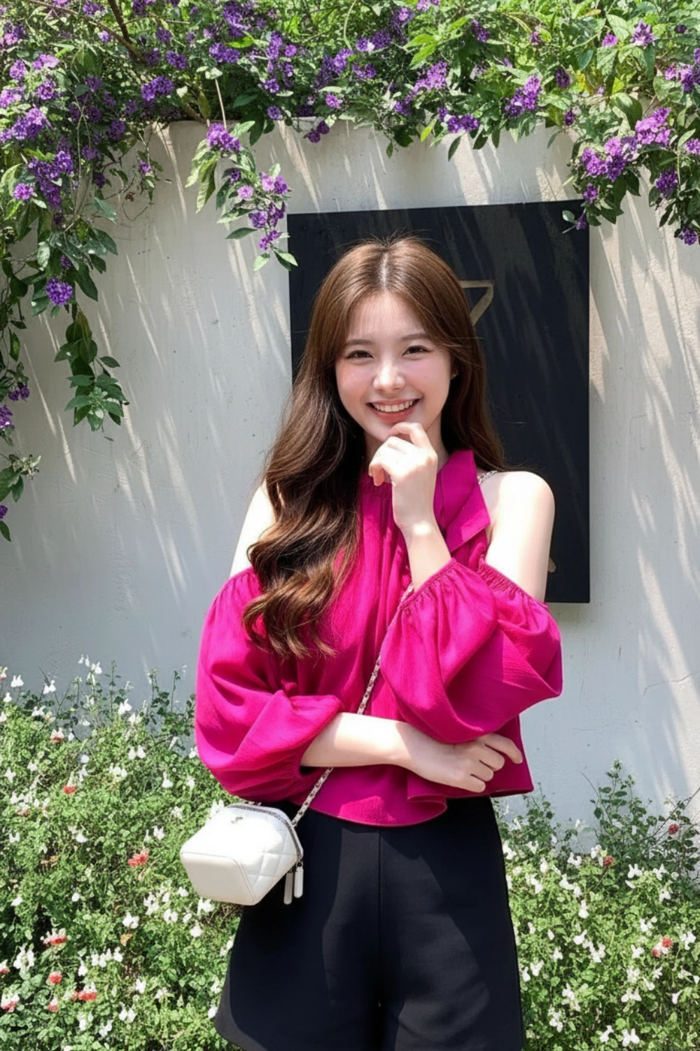 spring-outfit-pink-off-shoulder-top-black-shorts