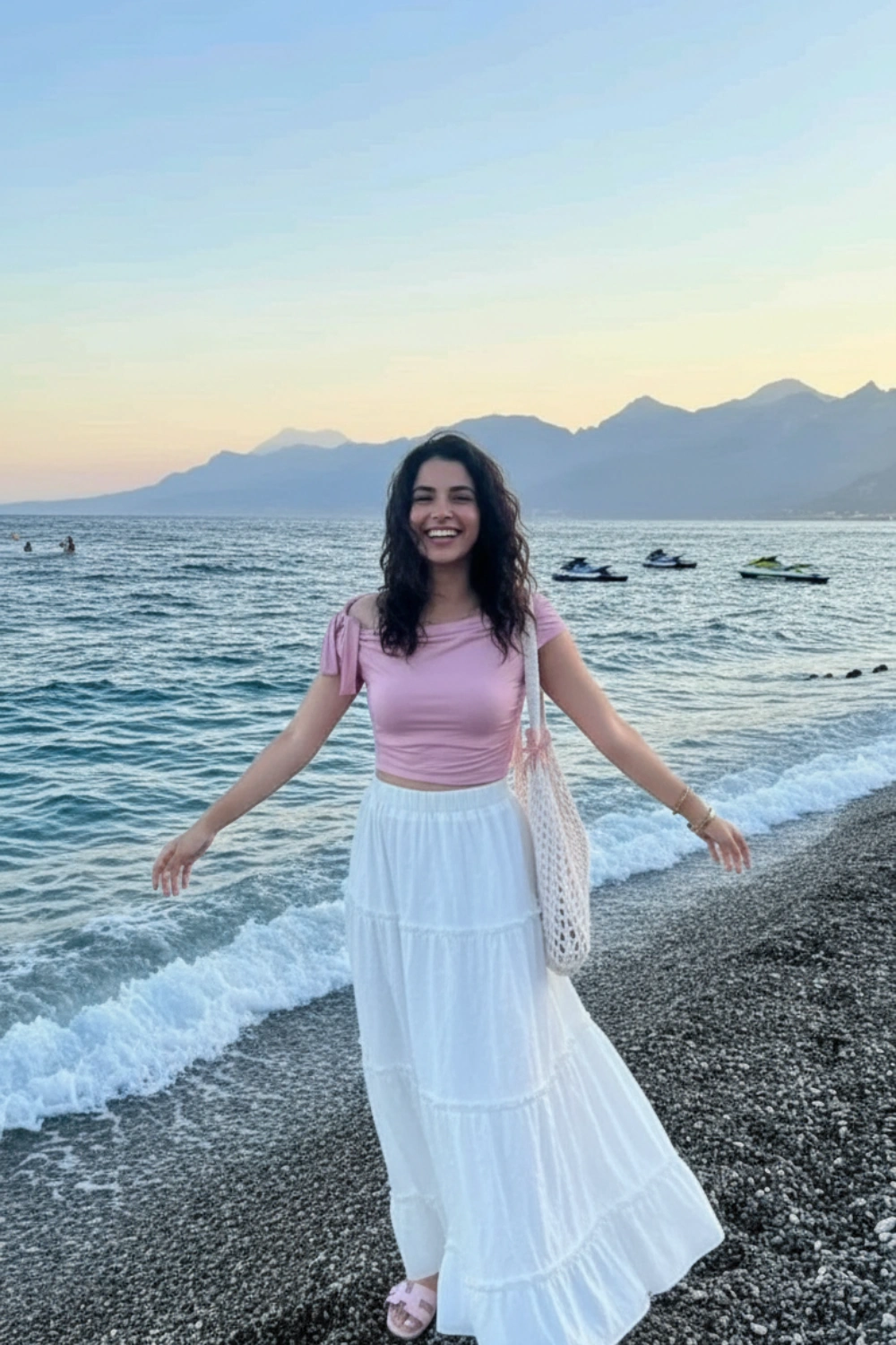 spring-outfit-pink-off-shoulder-top-white-tiered-skirt