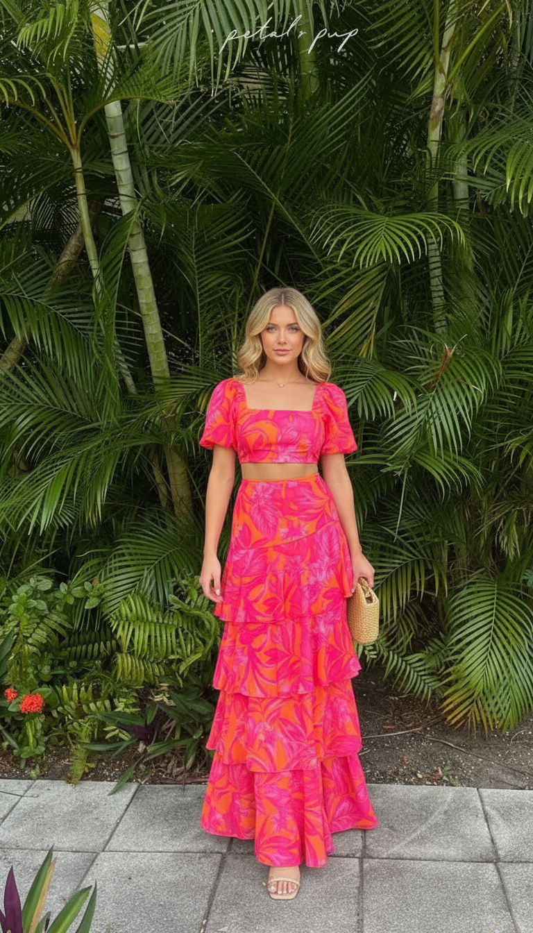 Woman wearing pink and orange printed crop top with matching tiered maxi skirt outdoors