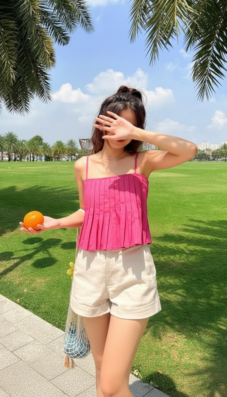 Woman wearing pink pleated cami top with beige high-waisted shorts outdoors