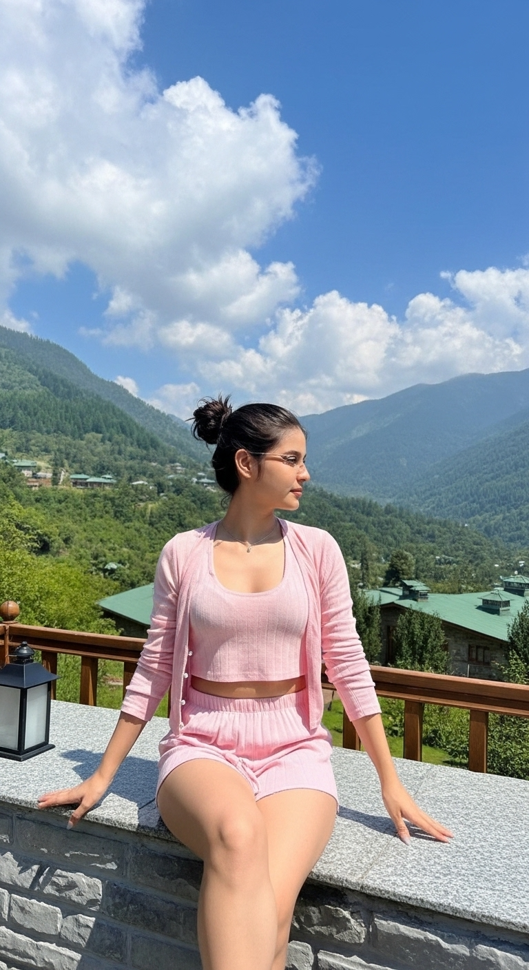 Woman wearing pink ribbed crop top with matching cardigan and shorts in mountain setting