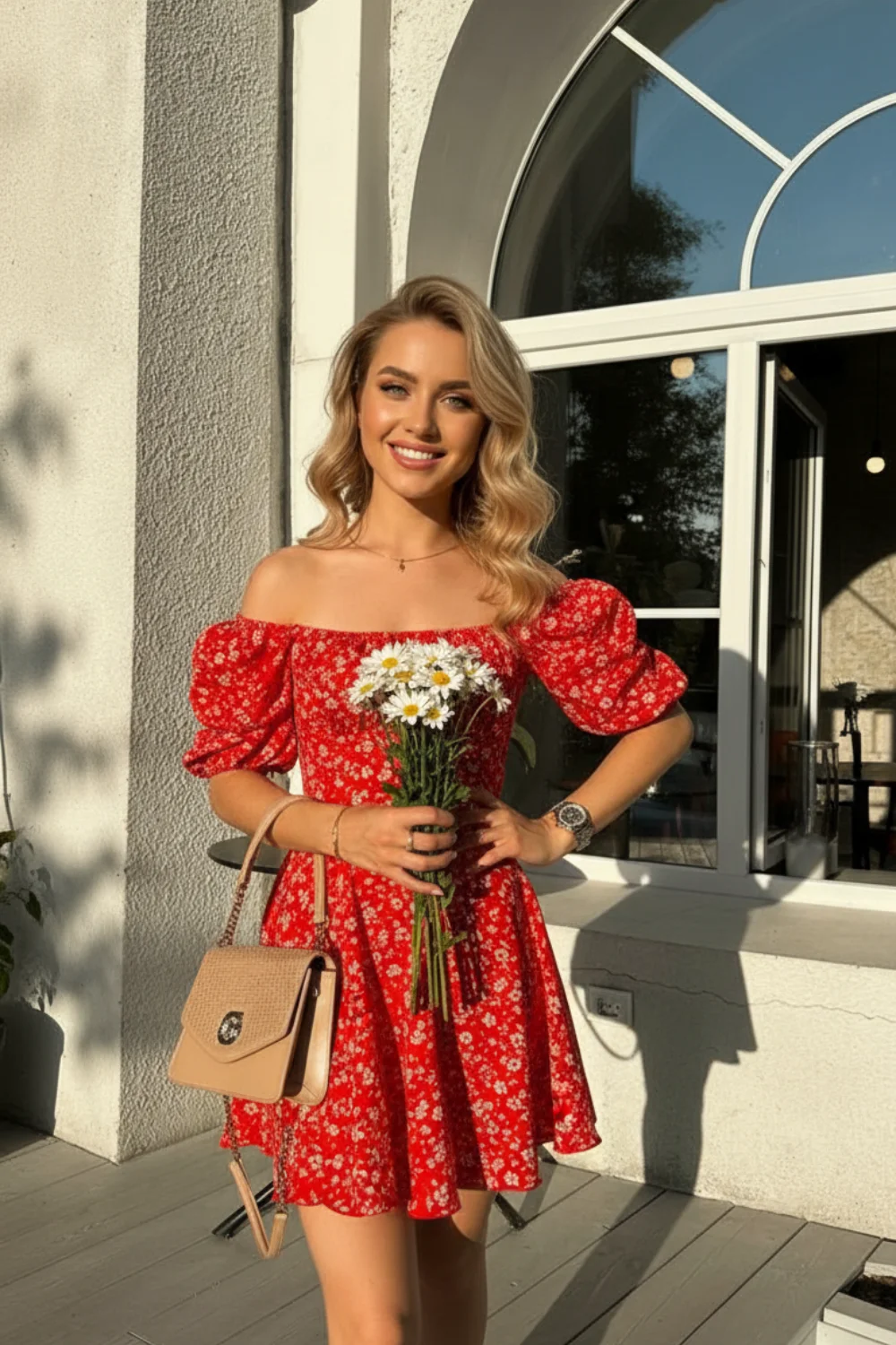 Woman wearing red floral off-shoulder mini dress with puff sleeves and tan bag