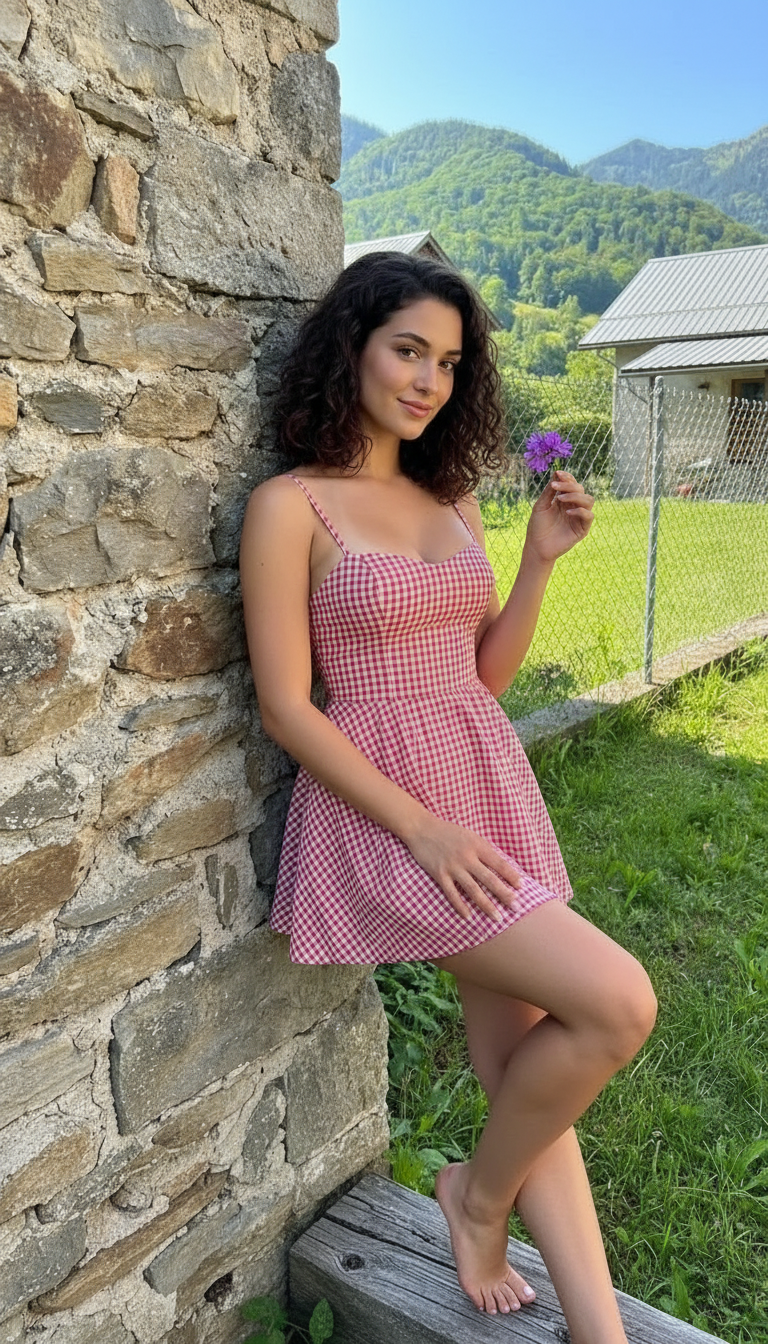 Woman wearing red and white gingham mini dress in countryside setting