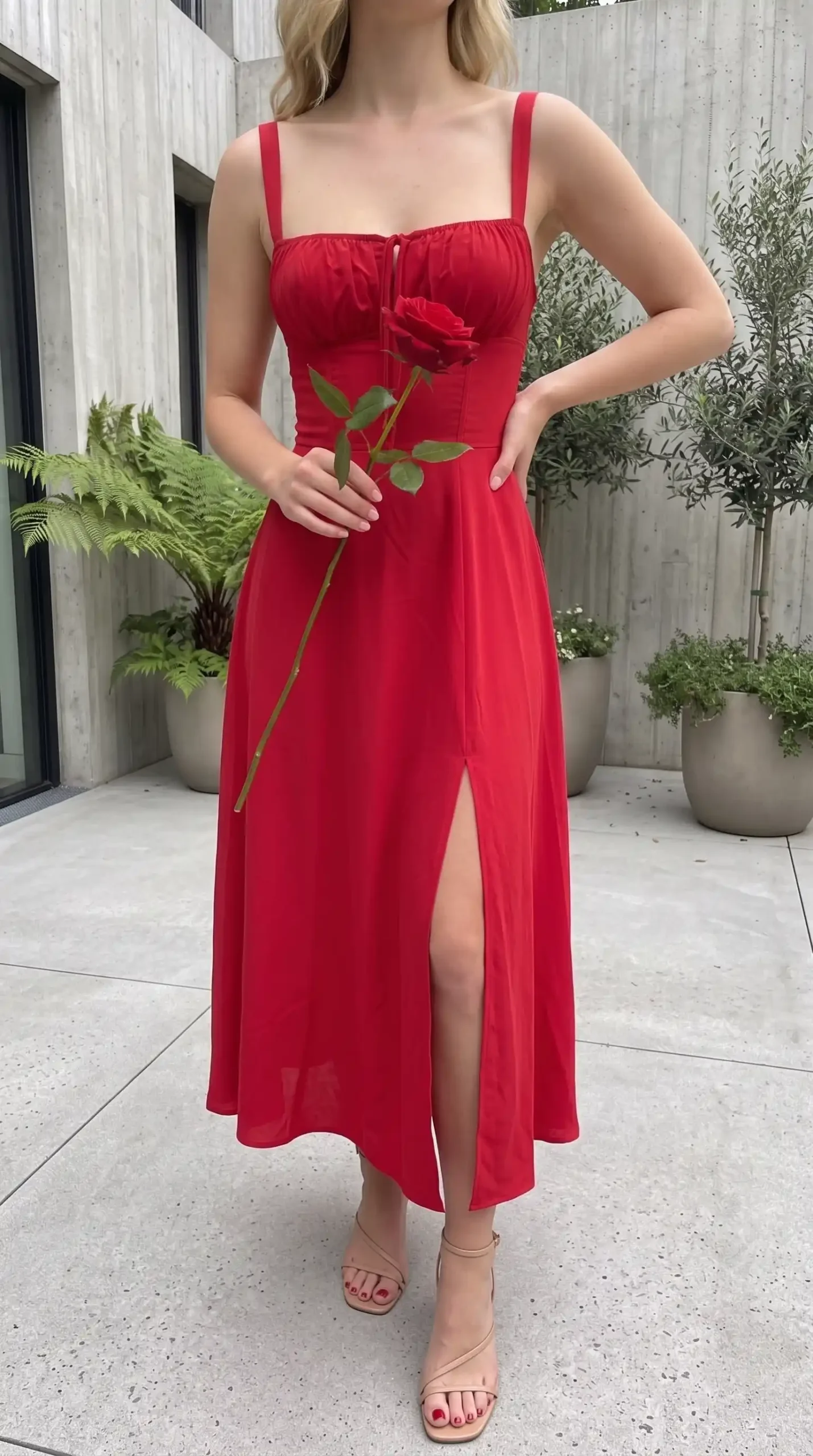 Woman wearing red ruched maxi dress with wide straps and thigh-high slit