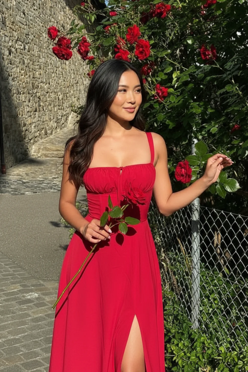 Woman wearing red ruched maxi dress with wide straps and thigh-high slit near roses