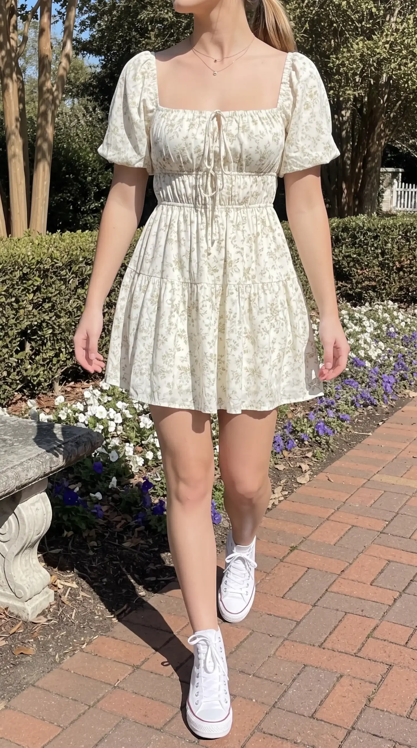 Woman wearing cream ditsy floral puff sleeve square neck tiered mini dress