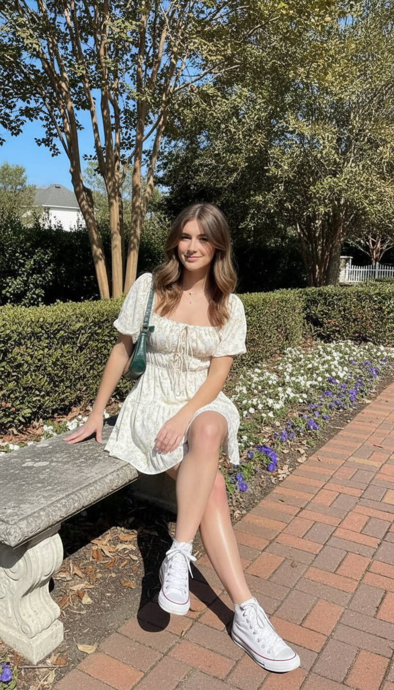 Woman wearing white eyelet mini dress with puff sleeves and white sneakers outdoors