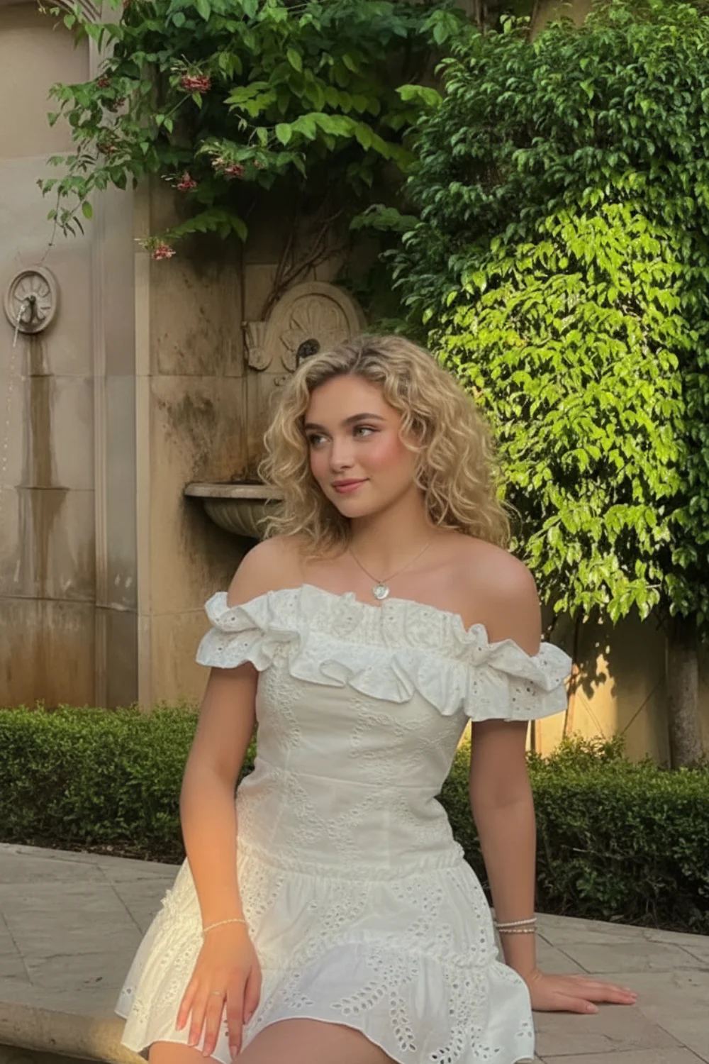 Woman wearing white eyelet off-shoulder mini dress with ruffle detail in garden setting