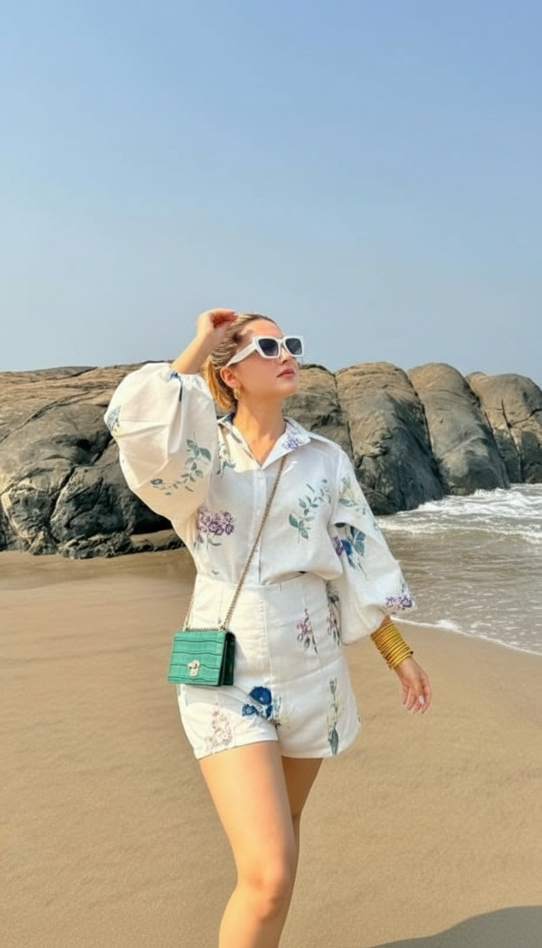 Woman wearing white floral print oversized shirt with matching shorts at the beach