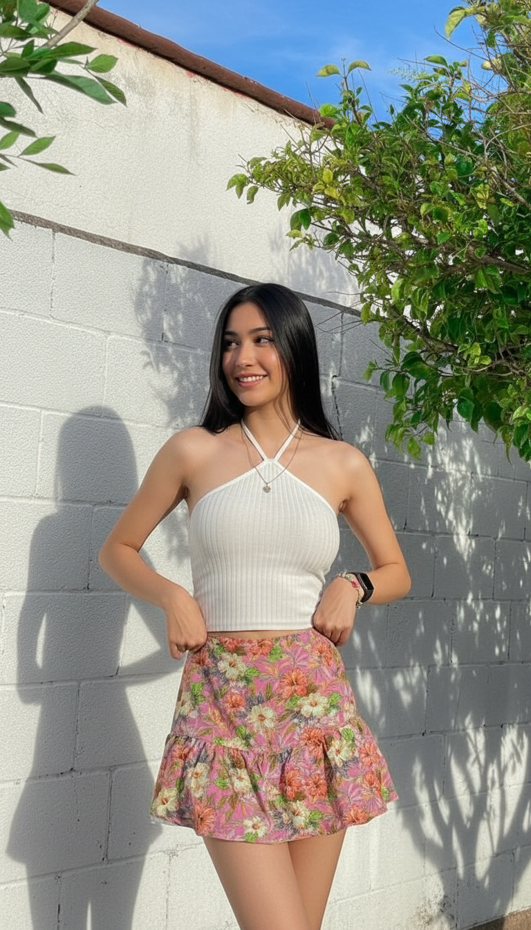 Woman wearing white ribbed halter crop top with pink floral ruffle mini skirt outdoors