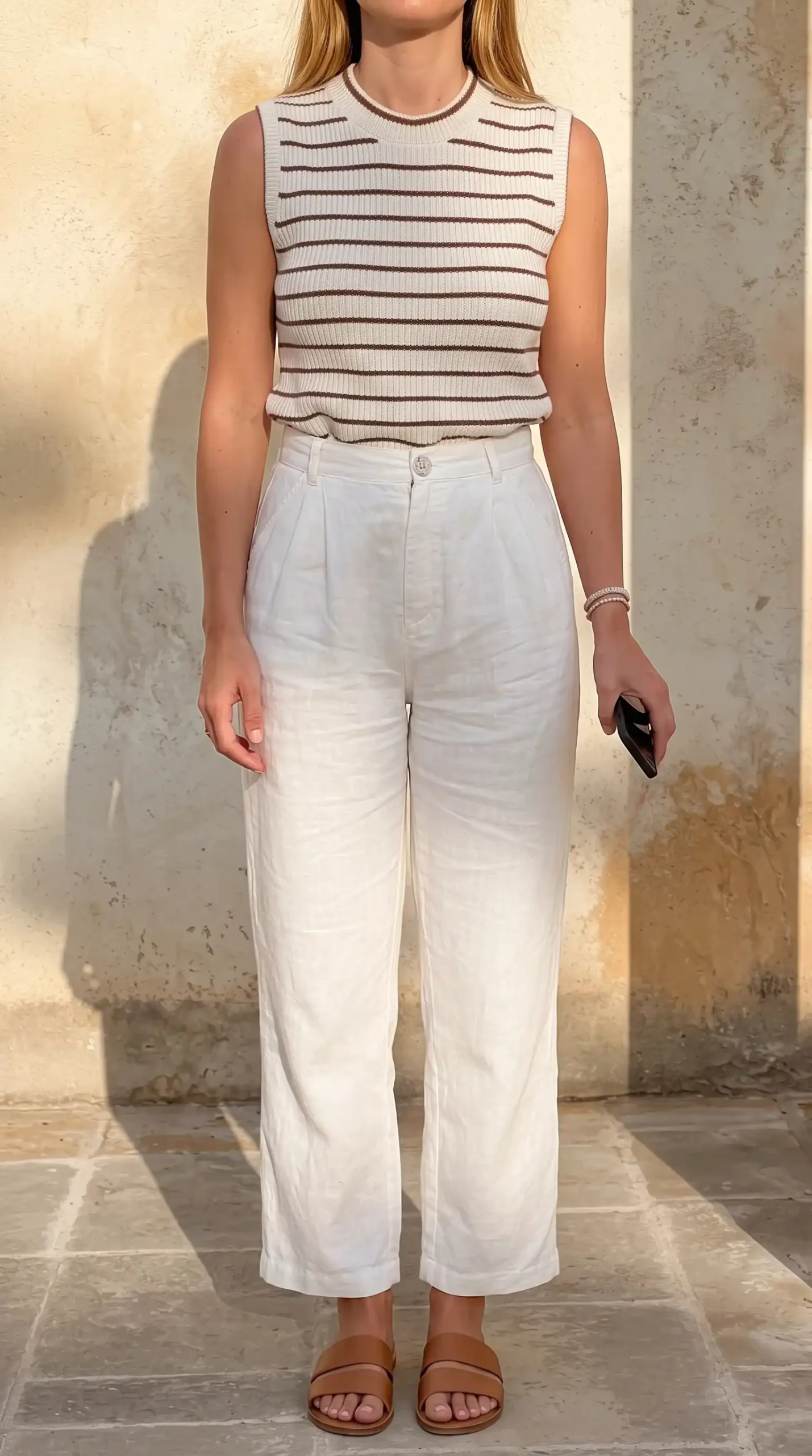 Woman wearing a white knit top with white linen pants, sandals, and a straw bag outdoors