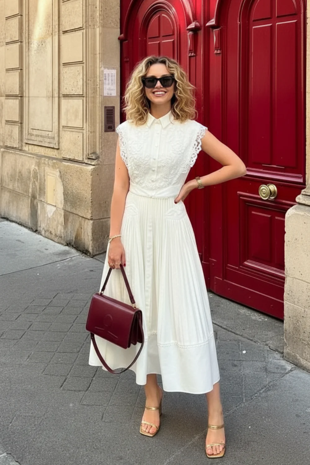 Woman wearing white lace midi dress with eyelet bodice and pleated skirt on Paris street
