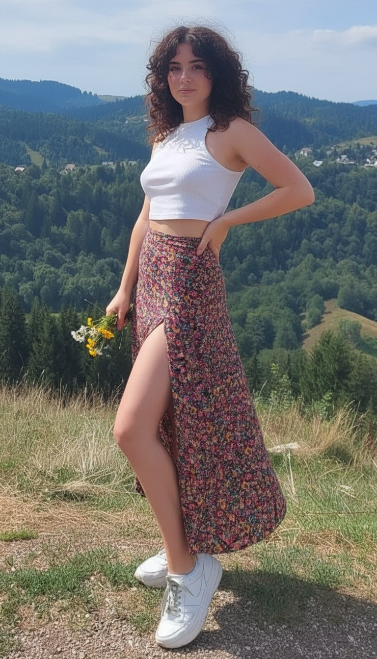 Woman wearing white ribbed crop top with multicolor floral maxi skirt in mountain landscape