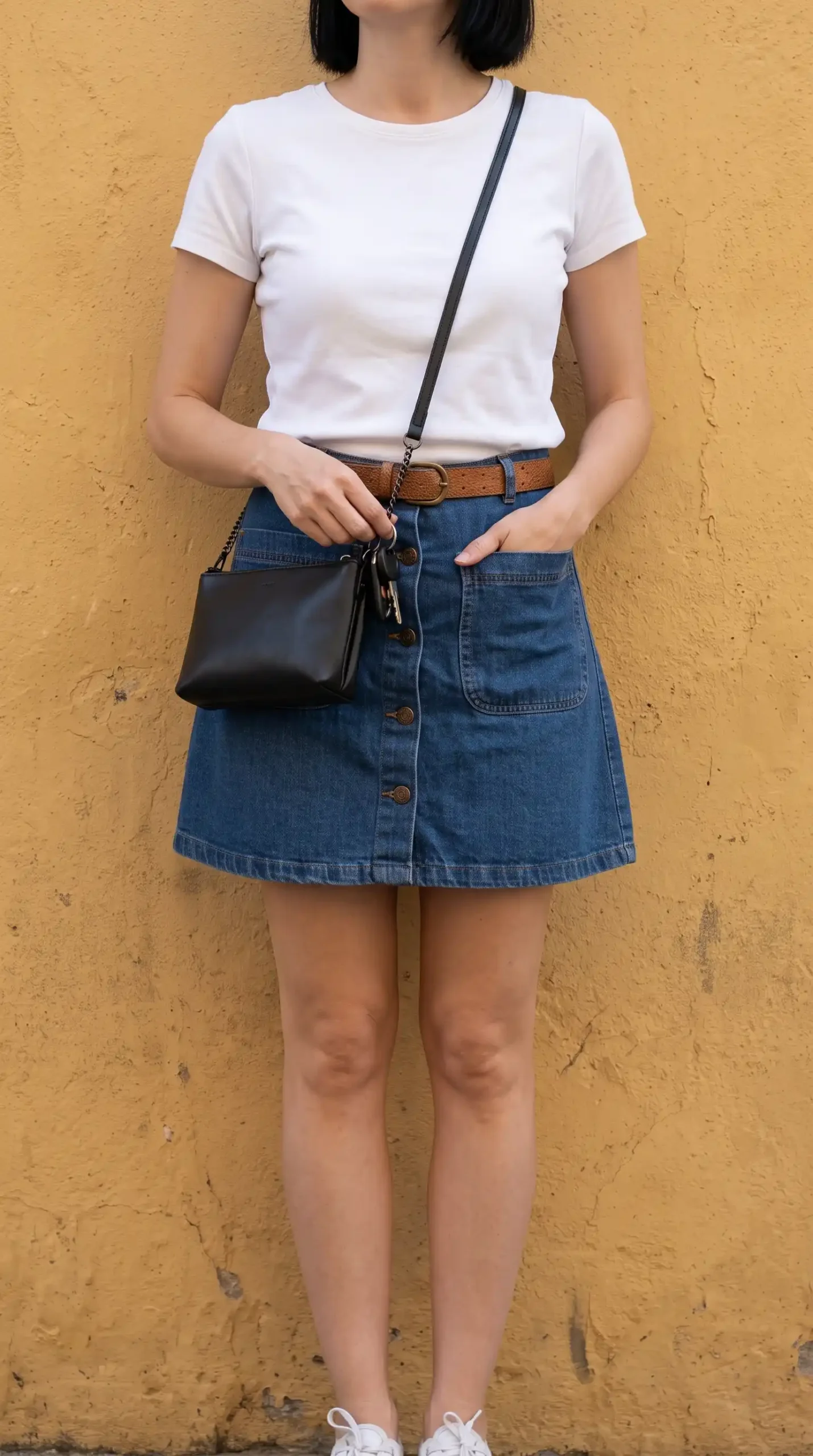 Woman wearing white t-shirt with denim button-front mini skirt and brown belt