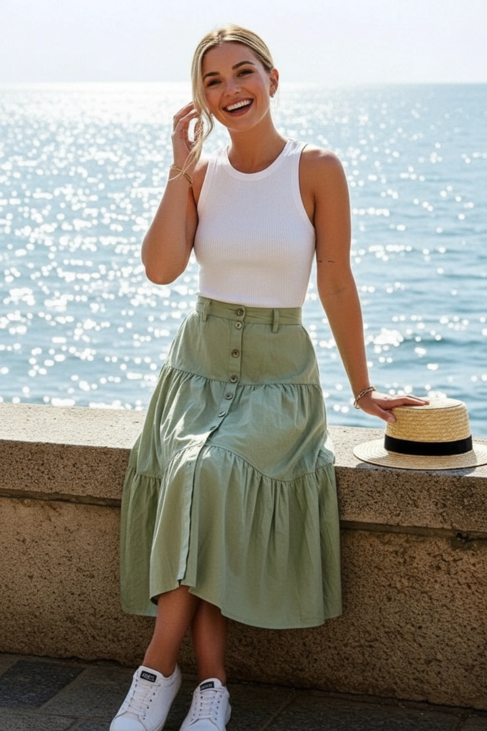 Woman wearing a white sleeveless top with a light green tiered skirt and sneakers outdoors near the ocean