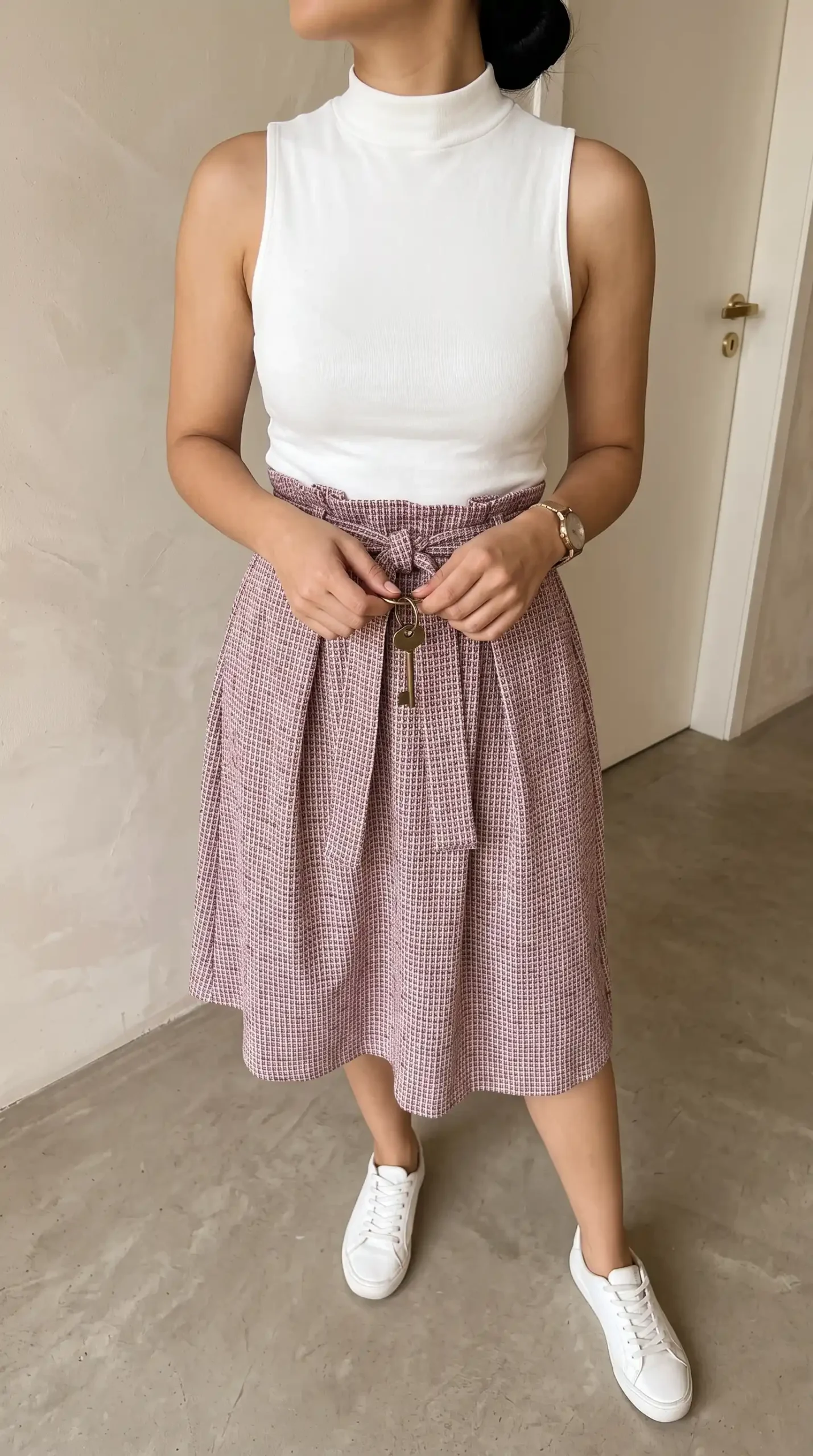 Woman wearing a white top with a pink checkered skirt, white sneakers, and glasses outdoors