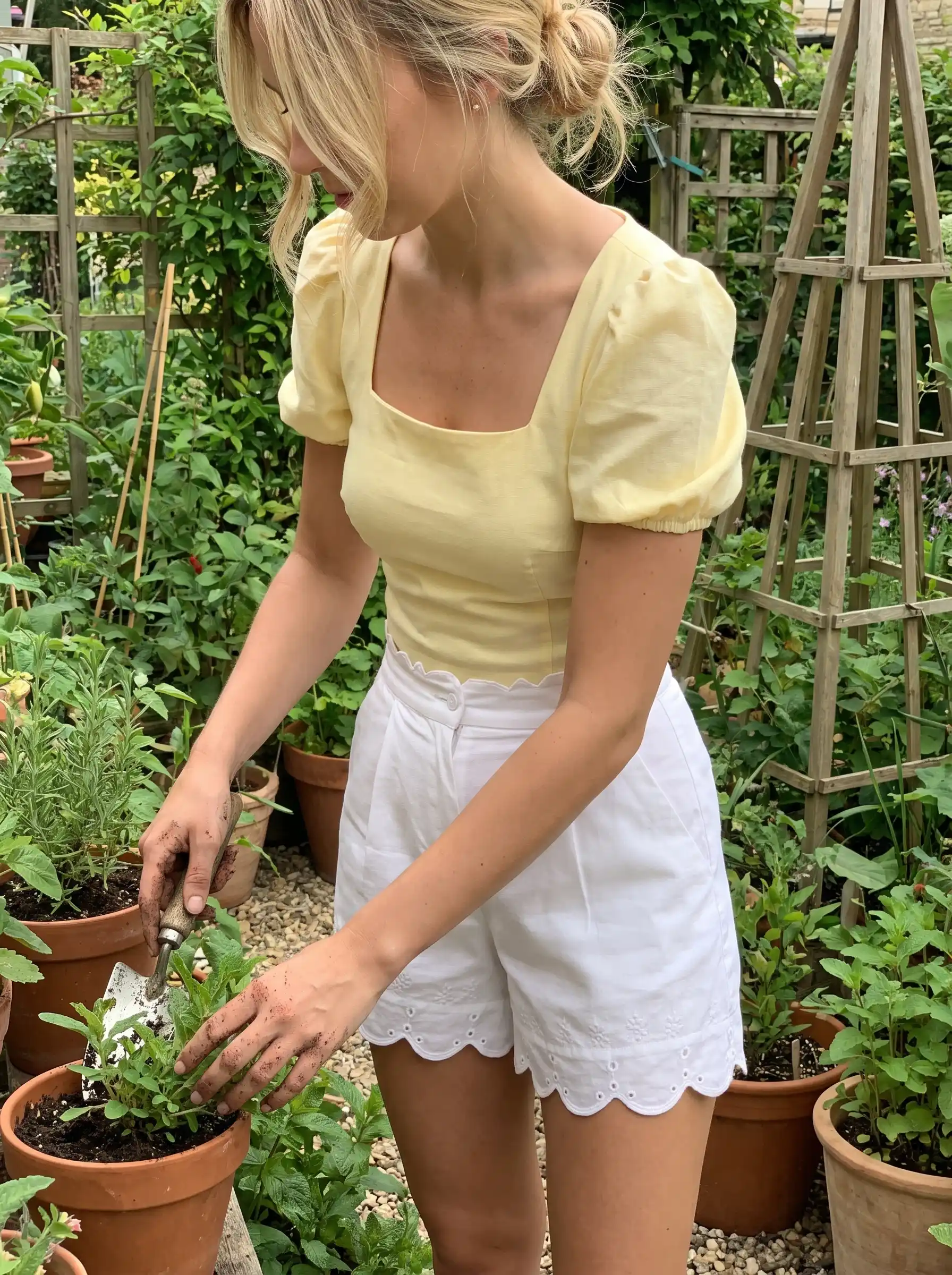 Woman wearing yellow puff sleeve crop top with white eyelet scalloped shorts
