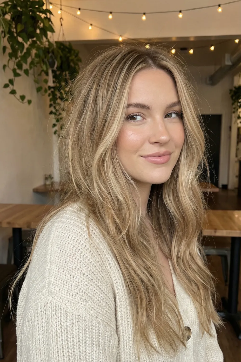 Woman with long toasted coconut blonde hair and warm cream highlights