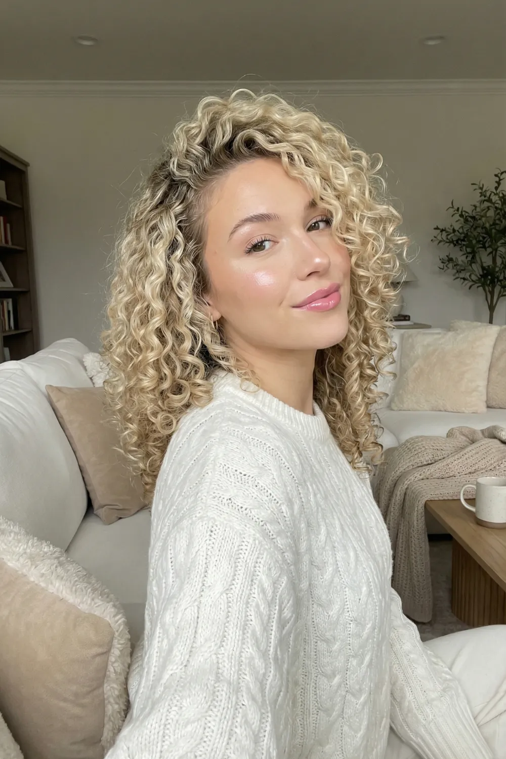 Woman with long vanilla blonde curly hair and cream highlights