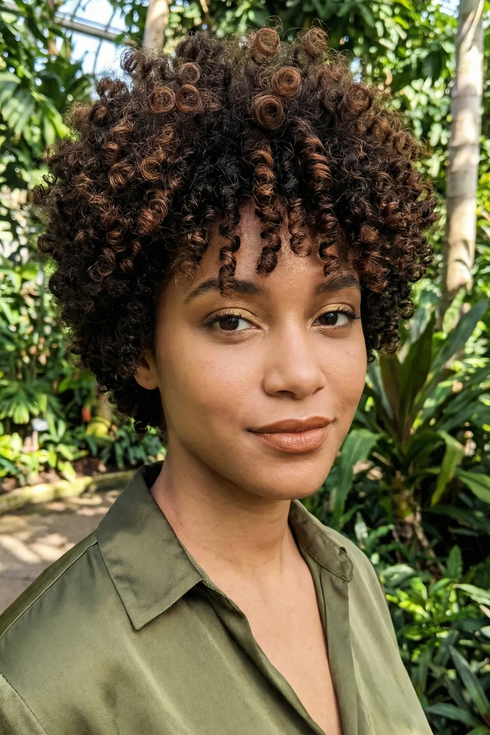 Woman with voluminous chocolate brown curly pixie and defined coils