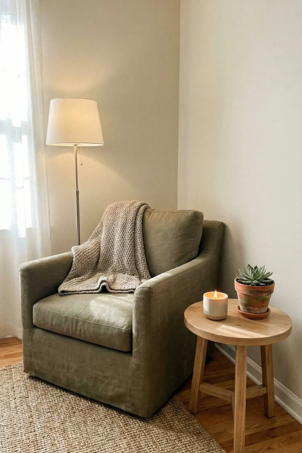 Warm empty corner decor with olive linen armchair wood side table and succulent
