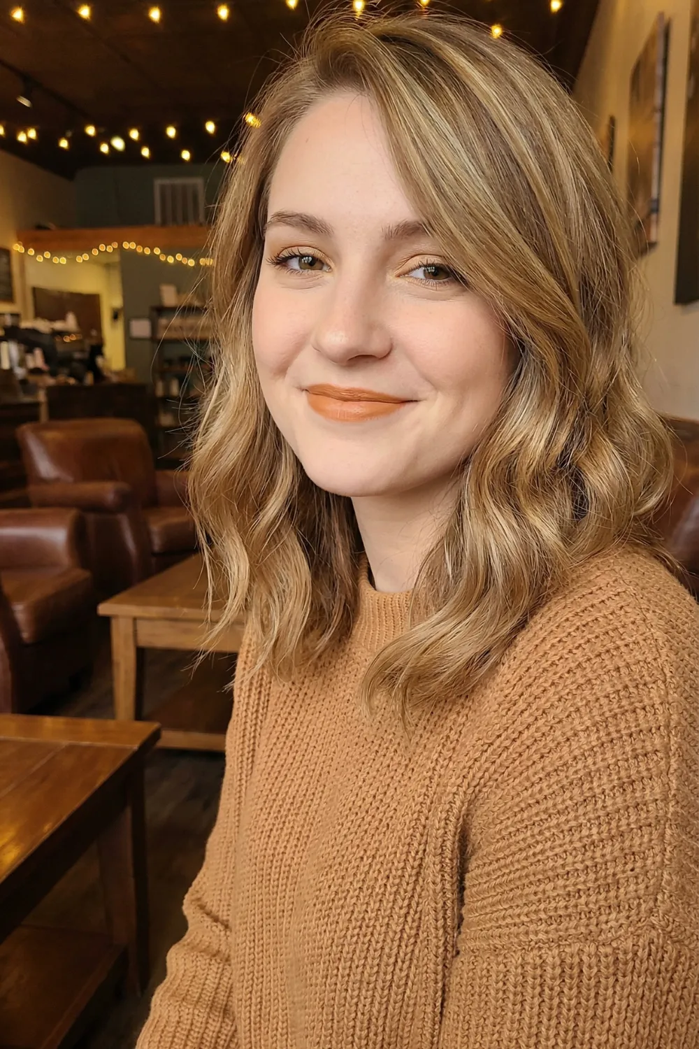 Woman with medium length warm toffee blonde hair and caramel ribbons