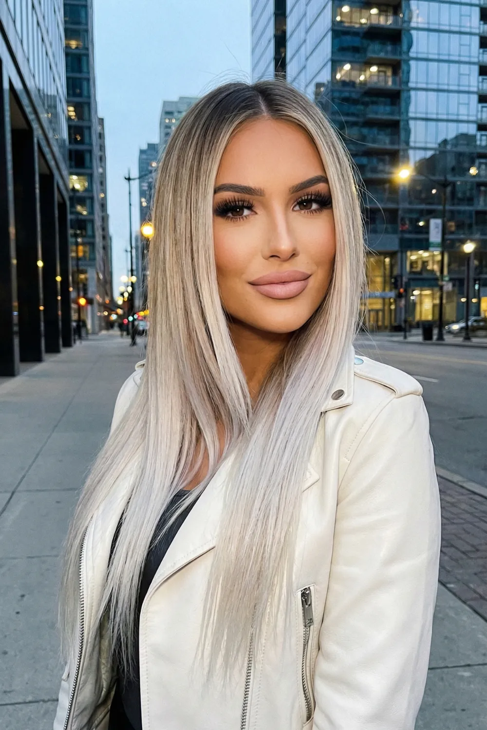 Woman with long white blonde ombre hair and platinum ends