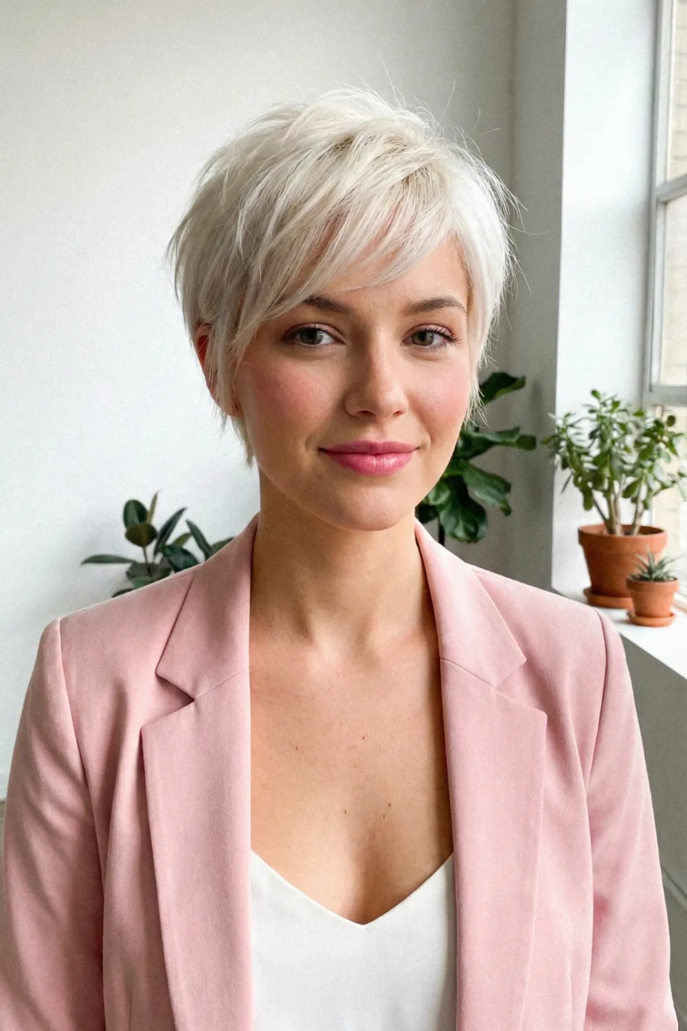 Woman with wispy platinum blonde feathered pixie cut and side-swept bangs