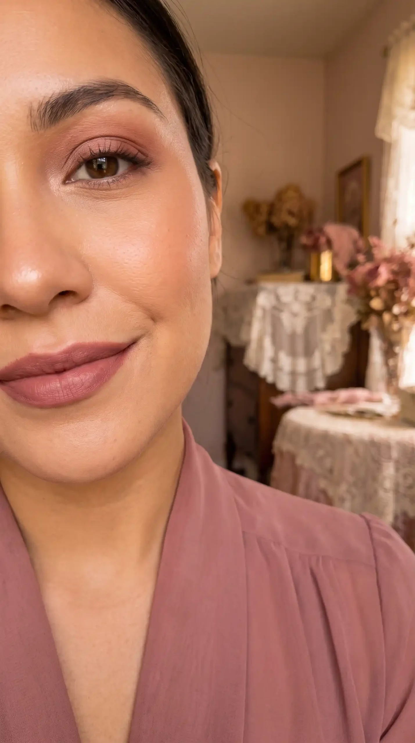 Woman wearing antique rose muted dusty rose velvet satin lipstick with romantic makeup