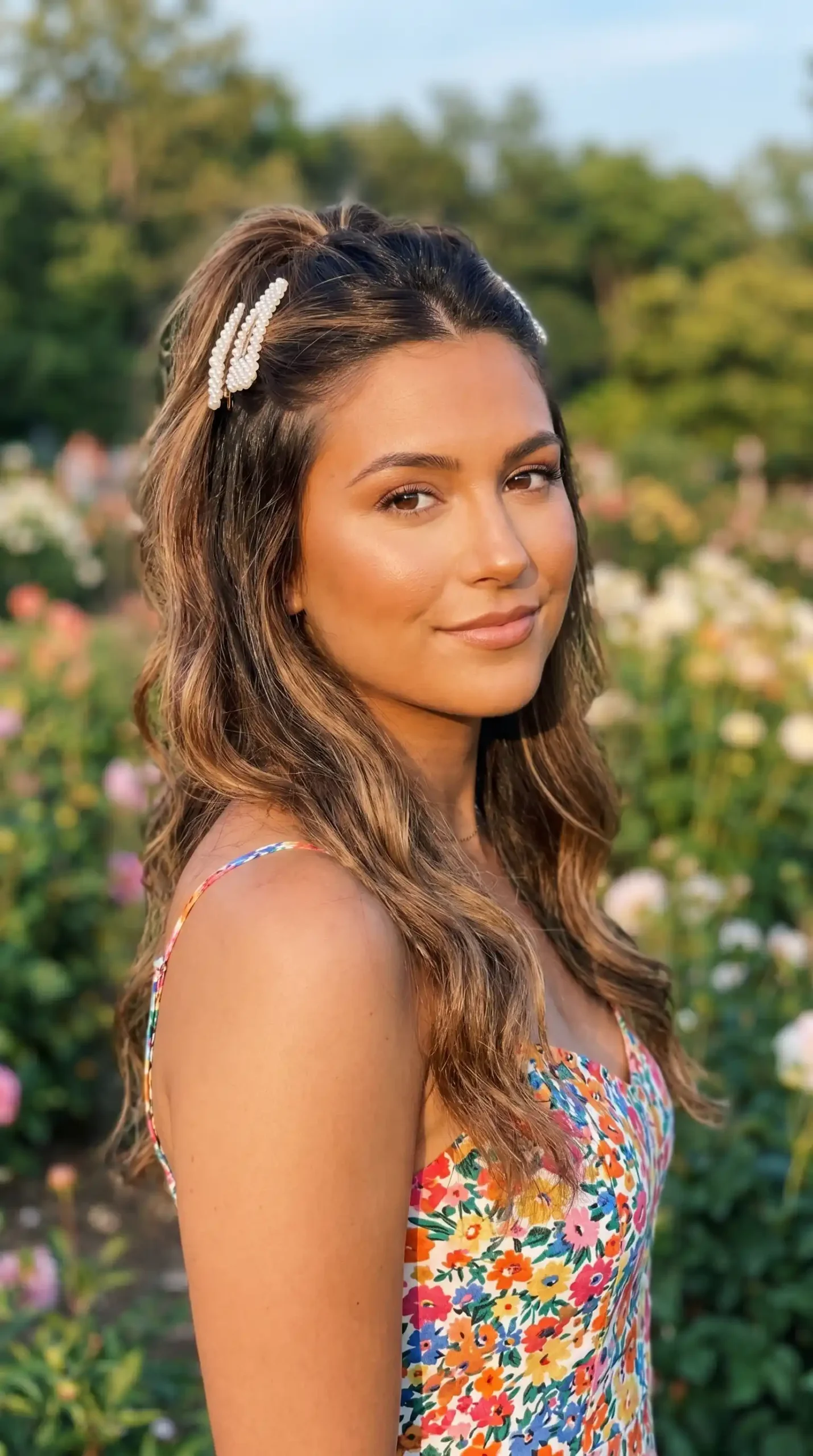 Woman with chestnut brown half up half down hairstyle and pearl clips