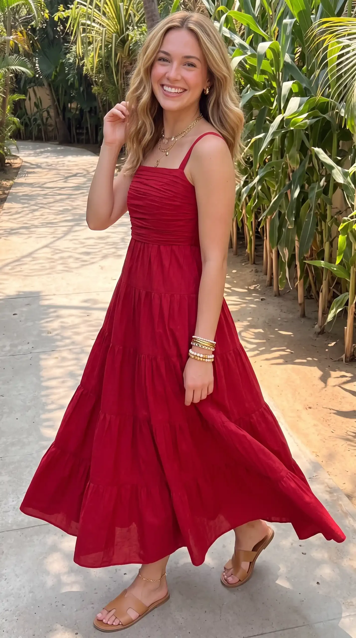 Woman wearing red ruched bodice tiered maxi dress outdoors among plants